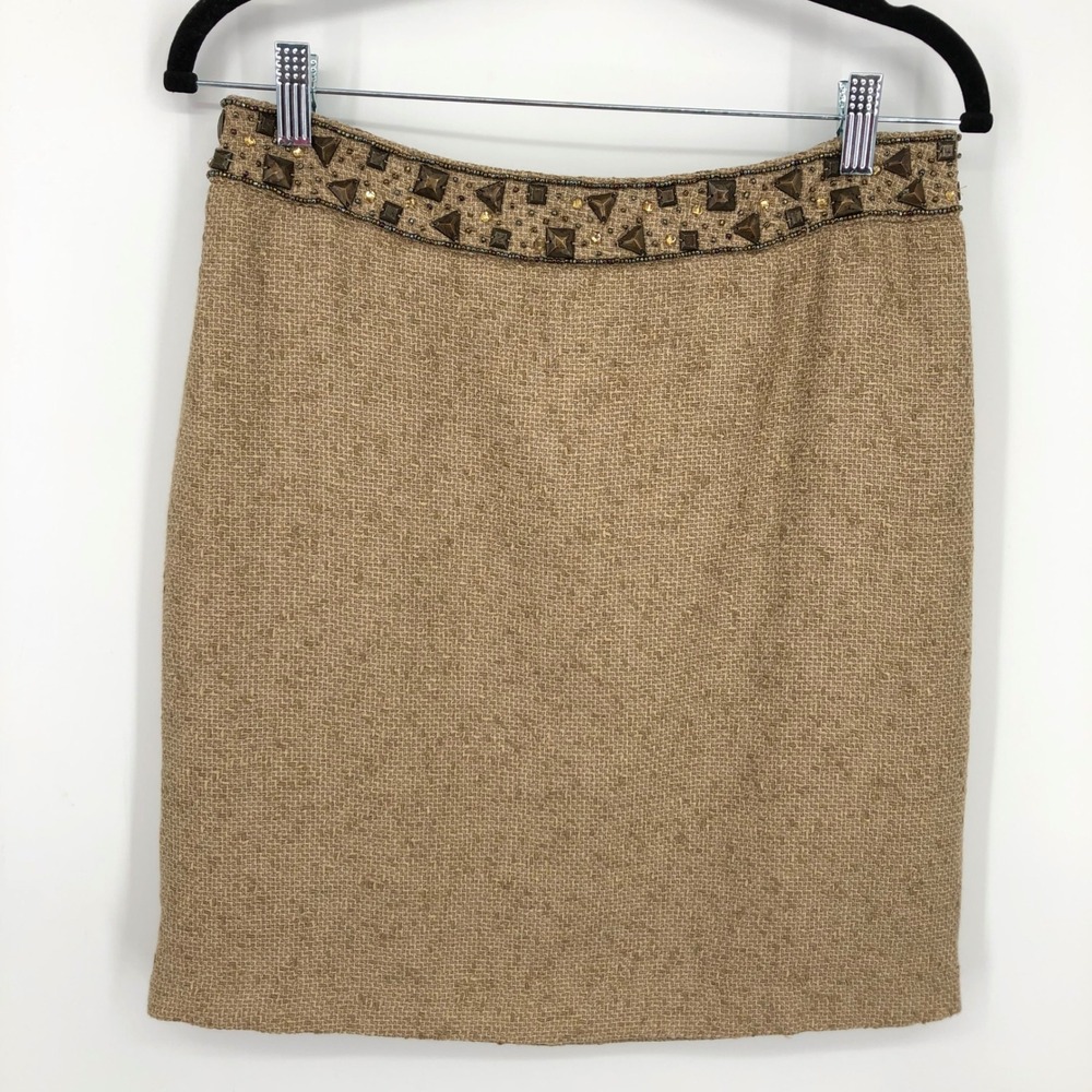 Boston Proper Womens Tweed Linen Skirt Size 6 Brown Embellished Beaded Studs New